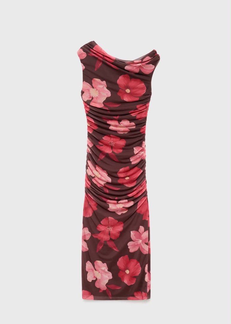 Mango Floral Mesh Ruched Midi Dress (Category: Dresses) located in Davao. Submitted by keki0908 (Listing ID 1470706116, Image 1). Description: - Brand: Mango - Style: Floral midi dress with off-shoulder draped neckline and sleeveless cut - Color: Dark maroon with pink flowers - Fit: Fully ruched body with tons of stretch; tagged size L (fits S to M comfortably) - Condition: Worn once, absolutely no flaws or damage.