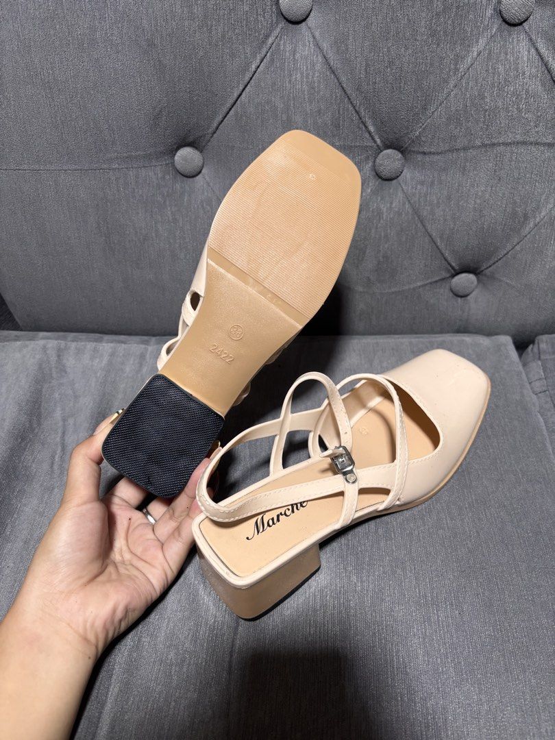 Marche Beige Square Toe Block Heel Sandals Size 38 (Category: Heels) located in Manila. Submitted by alyanarein (Listing ID 1470704399, Image 2). Description: Marche brand sandals in cream beige. Square toe design with crossover ankle straps and buckle closure. Low block heel for comfortable walking. Smooth finish upper with printed logo on the insole. Size 38 marked on the sole. Bottom sole clean with ribbed texture at the forefoot and solid hee