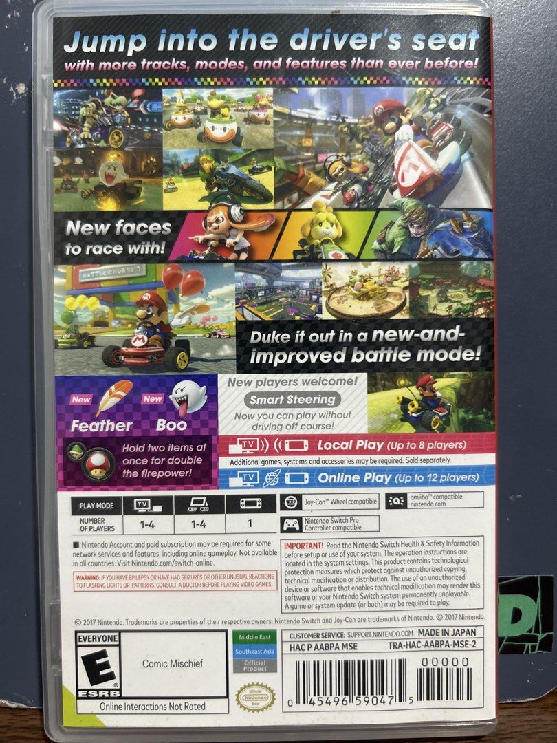 Mario Kart 8 Deluxe Nintendo Switch Game (Category: Nintendo) located in Bacoor. Submitted by kidlat_bilis (Listing ID 1470698494, Image 2). Description: Mario Kart 8 Deluxe for Nintendo Switch. Physical cartridge inside the original case with cover art and insert. ESRB rating E for Everyone. Tested and working great. Great multiplayer racing game for family and friends. Local play up to 8 players, online up to 12. Cartridge snaps securely into t