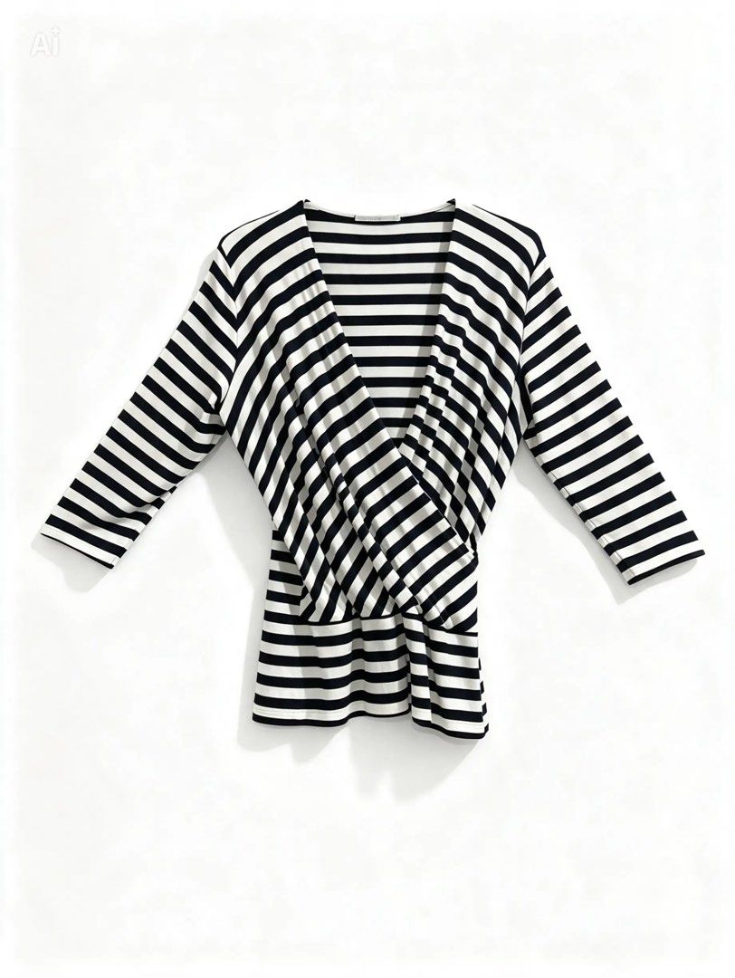 MARKS AND SPENCER (Category: Blouses) located in Davao. Submitted by sart0ria85 (Listing ID 1470632094, Image 1). Description: Classic black and white horizontal stripes in V-neck wrap front with 3/4 length sleeves. 93%VISCOSE 7%ELASTANE MADE IN SRI LANKA 🇱🇰 XXLARGE. Size 12 EXCELLENT CONDITION (94/100).