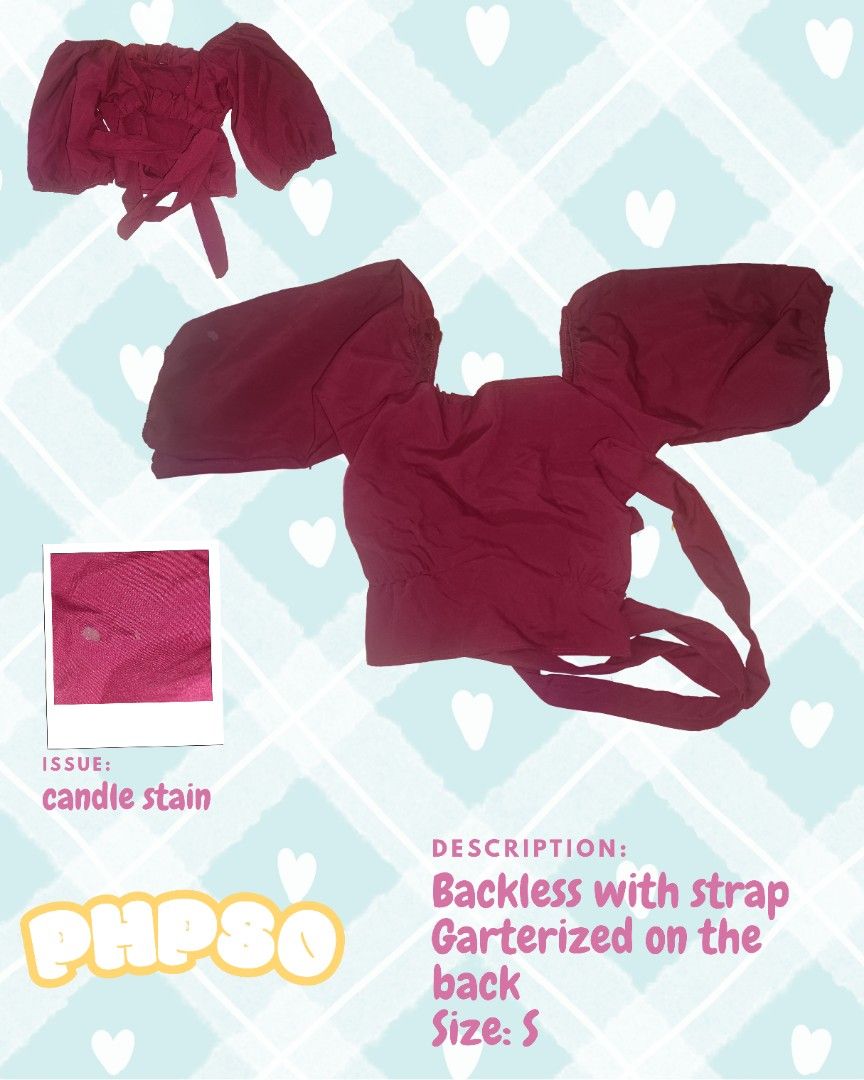 Maroon Backless Gartized Blouse Top (Category: Blouses) located in Quezon City. Submitted by riri_re1mu (Listing ID 1470565324, Image 1). Description: - only used twice but got candle stain.