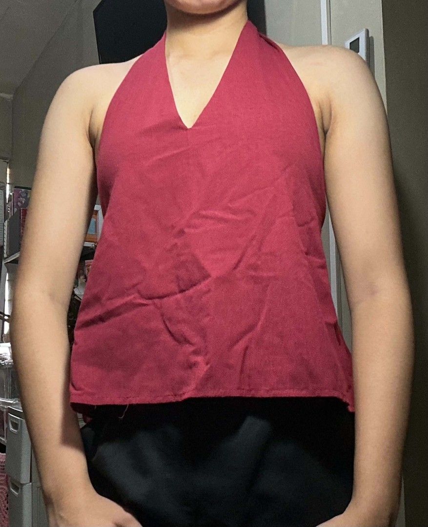 Maroon Halter Semi Backless Top (Category: Sleeveless) located in Mandaluyong City. Submitted by lovedbychiena (Listing ID 1470676735, Image 2). Description: Size: Small to Medium 📩 Message for more information/size clarifications 📍Mandaluyong City 💸 Gcash/BPI 🚚 Jnt / Lalamove /Pick-up.