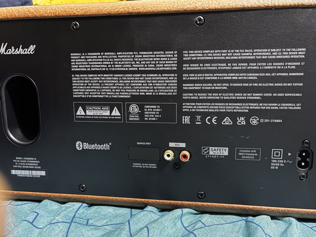 Marshall Stanmore III Bluetooth Speaker Brown (Category: Soundbars, Speakers & Amplifiers) located in Taguig. Submitted by mhalet.902 (Listing ID 1470561031, Image 2). Description: - Authentic Marshall Stanmore III home speaker in a stylish brown leather finish - Iconic gold control panel with tactile brass knobs for volume, bass, and treble tuning - Equipped with source button, media controls, and a classic power toggle switch - Features a rear 