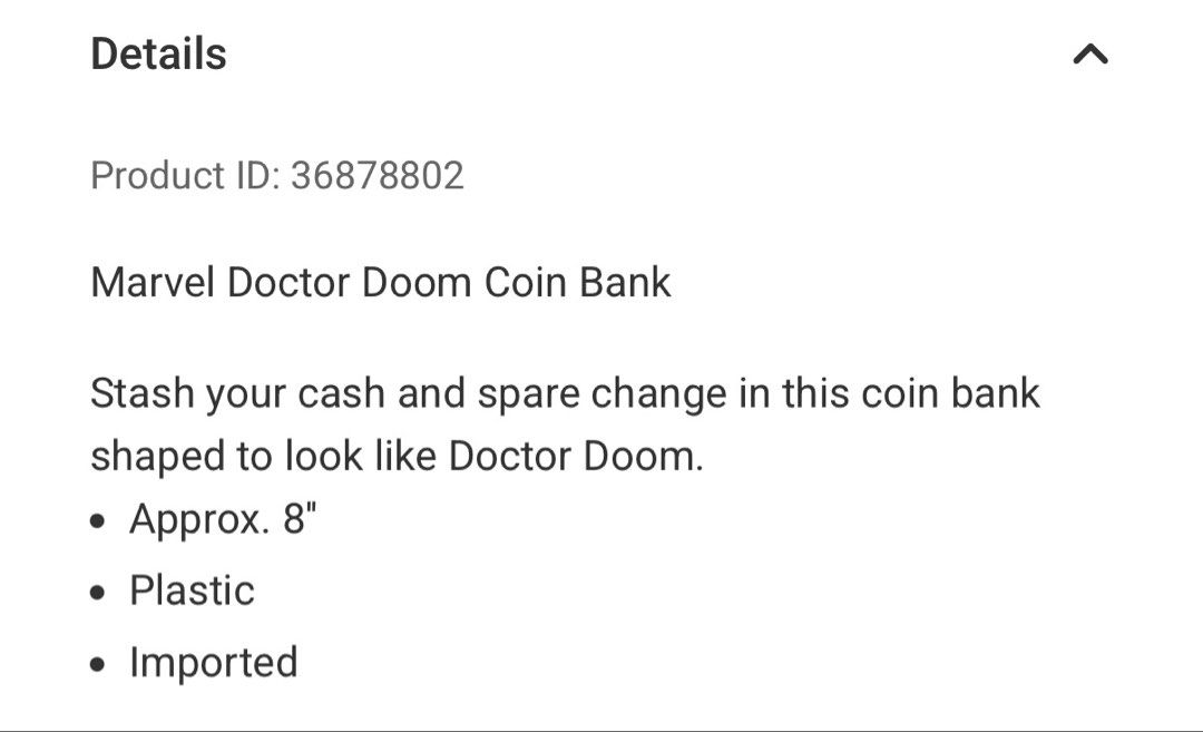 Marvel Doctor Doom Coin Box (Category: Designer & Blind Box Toys) located in Pasig City. Submitted by preloved_items_roche (Listing ID 1470338778, Image 2). Description: - Character: Doctor Doom from Marvel Comics - Design: Classic green hood, cape, and detailed metallic silver armor - Condition: Loose figure (box not included) - Ideal for: Collectors, desk display, or shelf decor.