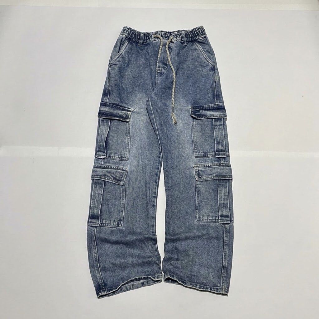 MASSIVE 8POCKETS DENIM BLUE CARGO BAGGY PANTS✨ (Category: Jeans) located in Bulacan. Submitted by cris_thrifty (Listing ID 1470674135, Image 1). Description: ₱350 + shipping fee ➡️📦 MASSIVE 8POCKETS DENIM BLUE CARGO BAGGY PANTS✨ Size 27-35 (freesize w lace n beltloops) Length 41 Leg hole 9 Thigh 12.5 • need wash • good fittings • Heavy • semi thick • semi hard • must buy it - Acid wash denim cargo jeans - Super baggy fit with wide leg opening - 