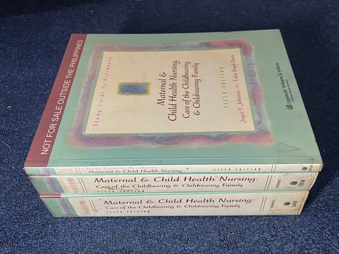 Maternal and Child Health Nursing 5th Edition Bundle Set (Category: Textbooks) located in Pasig City. Submitted by keiisellsious (Listing ID 1470684677, Image 3). Description: Maternal and Child Health Nursing Set (5th Edition) ₱ 400 set — authorized by Adele Pillitteri, Joyce Y. Johnson, Edna Boyd-Davis published by Lippincott Williams & Wilkins — Volume 1, Volume 2, and Study Guide — pages have slight yellowing around the edges due to storage; 