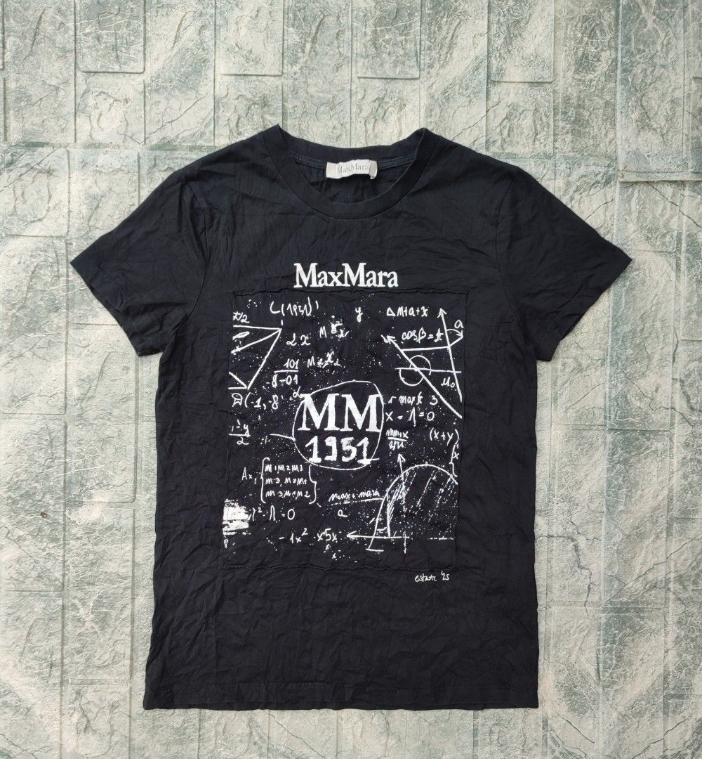 Max Mara Colibri Printed Shirt (Category: Shirts) located in Bayambang. Submitted by mon10192816 (Listing ID 1470647793, Image 1). Description: - Width - 18 - Length - 25.5 - Brand: MaxMara - Color: Black - Style: Short-sleeve t-shirt with round ribbed neckline - Design: Math formulas graphic print on front with MM 1951 logo patch - Size: Refer to internal tag.