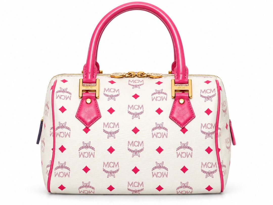 MCM Monogram Print Boston Bag Pink White (Category: Luxury Bags & Wallets) located in Naic. Submitted by maisonmave.ph (Listing ID 1470608298, Image 2). Description: MCM White Visetos Princess Lion Boston Bag A distinctive MCM Boston bag featuring the white Visetos pattern and Princess Lion emblem. A compact top-handle bag that can add a statement touch to everyday outfits. Details: - Color: White - Design: Visetos pattern with Princess Lion embl