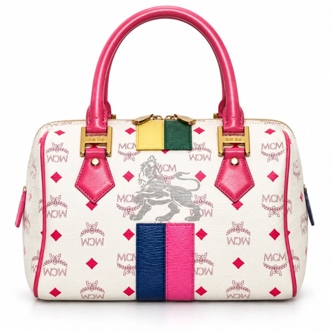 MCM Monogram Print Boston Bag Pink White (Category: Luxury Bags & Wallets) located in Naic. Submitted by maisonmave.ph (Listing ID 1470608298, Image 1). Description: MCM White Visetos Princess Lion Boston Bag A distinctive MCM Boston bag featuring the white Visetos pattern and Princess Lion emblem. A compact top-handle bag that can add a statement touch to everyday outfits. Details: - Color: White - Design: Visetos pattern with Princess Lion embl