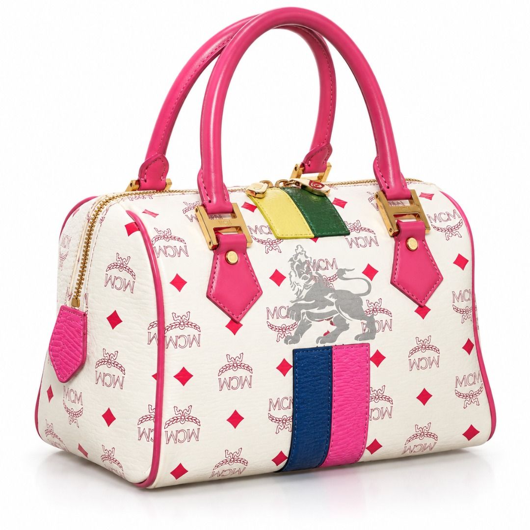 MCM Monogram Print Boston Bag Pink White (Category: Luxury Bags & Wallets) located in Naic. Submitted by maisonmave.ph (Listing ID 1470608298, Image 3). Description: MCM White Visetos Princess Lion Boston Bag A distinctive MCM Boston bag featuring the white Visetos pattern and Princess Lion emblem. A compact top-handle bag that can add a statement touch to everyday outfits. Details: - Color: White - Design: Visetos pattern with Princess Lion embl