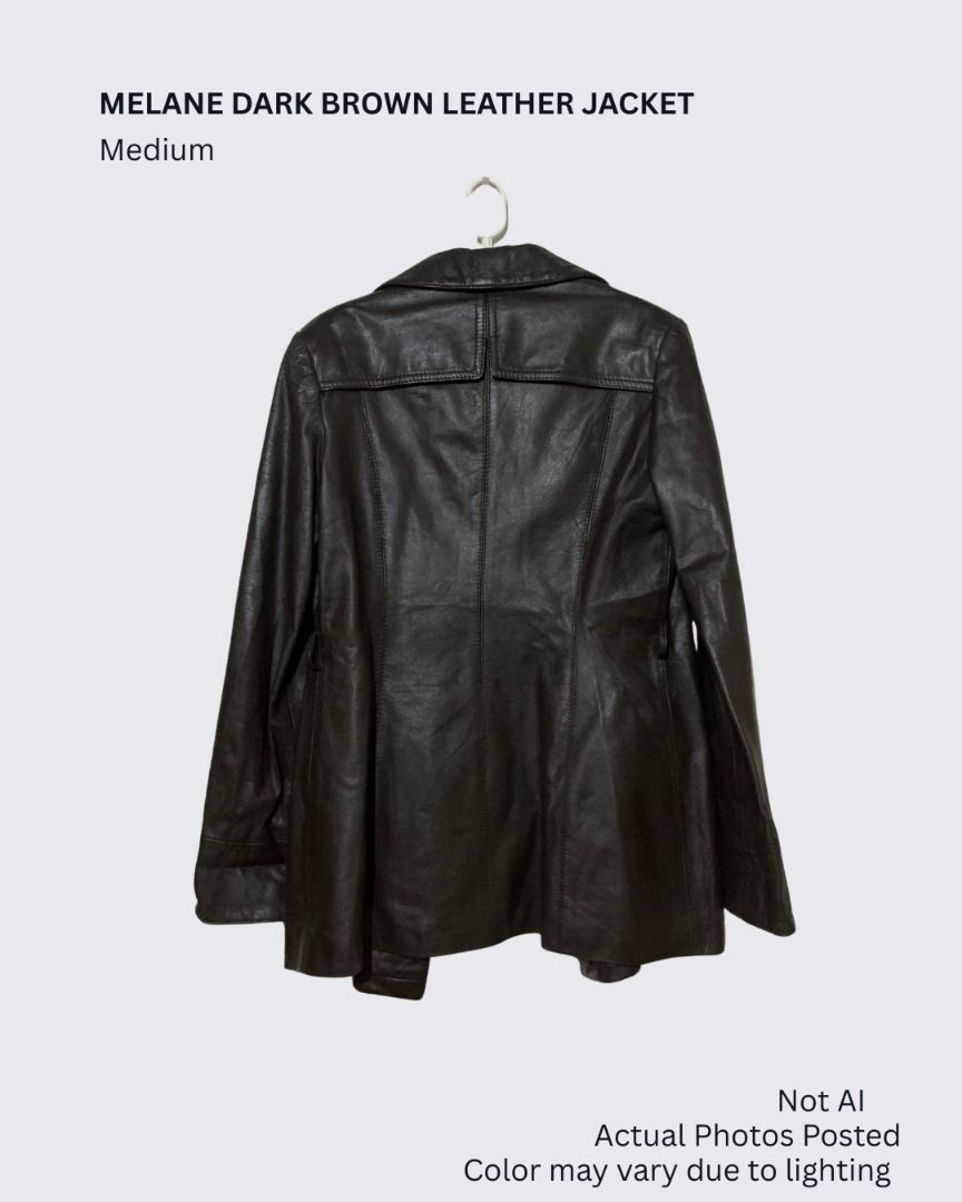 Melane Dark Brown Leather Jacket Coat (Category: Coats, Jackets and Outerwear) located in Baguio. Submitted by dragonflythrifts (Listing ID 1470718797, Image 2). Description: Brand: Melane Paris Size: Medium - classic lapel collar, front button closure, and structured front/back seams - gold tone buttons, 2 front pockets, chocolate brown lining Shipping & Delivery - we are based in Baguio City. Shipping takes approximately 1-3 days for orders bou