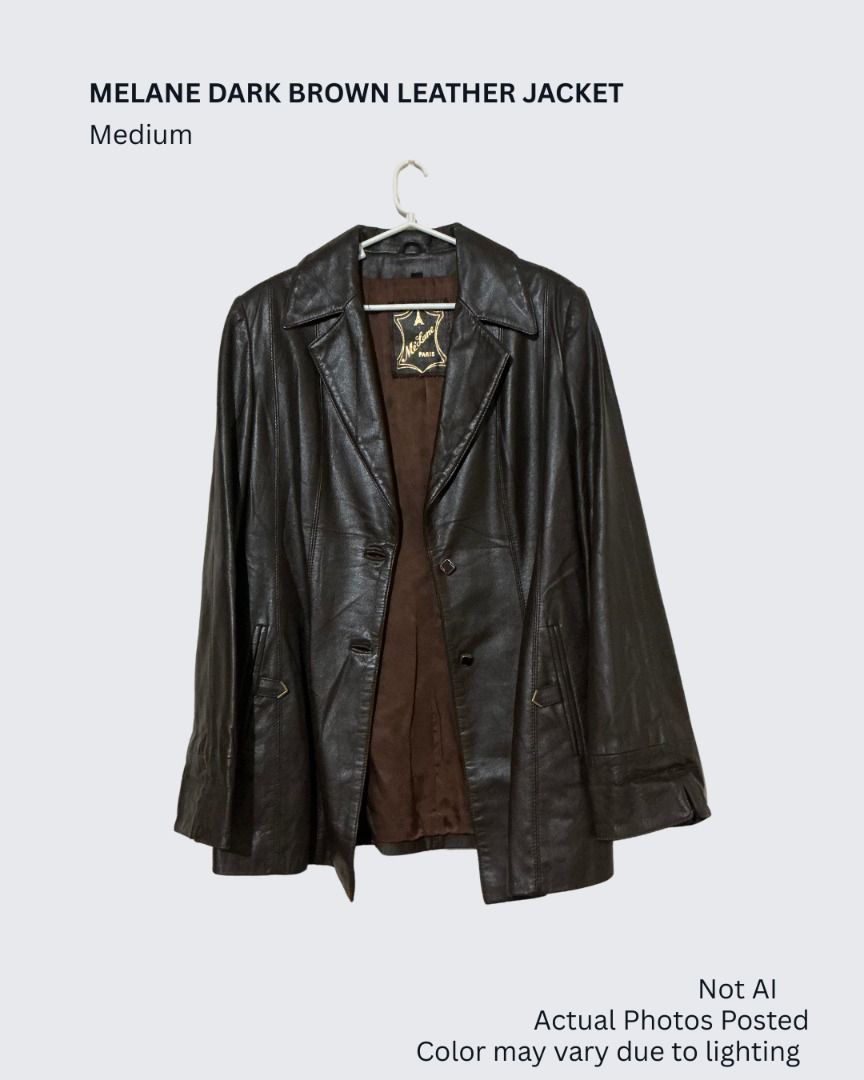 Melane Dark Brown Leather Jacket Coat (Category: Coats, Jackets and Outerwear) located in Baguio. Submitted by dragonflythrifts (Listing ID 1470718797, Image 1). Description: Brand: Melane Paris Size: Medium - classic lapel collar, front button closure, and structured front/back seams - gold tone buttons, 2 front pockets, chocolate brown lining Shipping & Delivery - we are based in Baguio City. Shipping takes approximately 1-3 days for orders bou