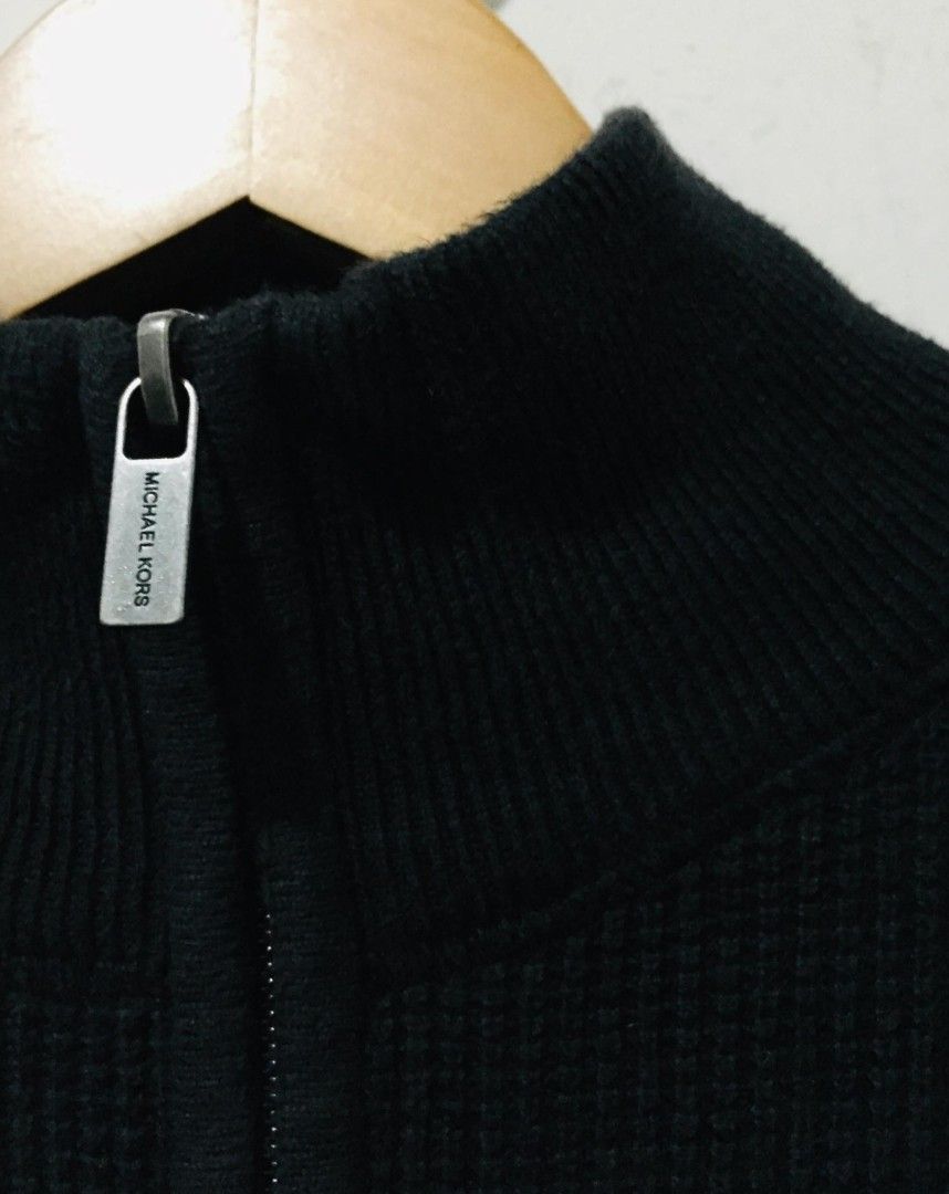 Michael Kors Solid black waffle cotton knit full zip sweater (Category: Coats, Jackets and Outerwear) located in Batangas. Submitted by fabufindsstore. (Listing ID 1470690511, Image 2). Description: Michael Kors Like new condition Quality material Size: Medium to Large Color: Black Full front zipper with branded silver-tone pull Metal logo plaque near the bottom hem 350 only Mode of Payment (Gcash Payment first) Delivery thru J&T (SF shoulder by 