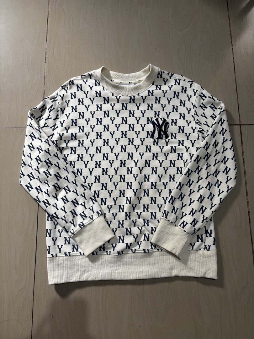 MLB New York Yankees Monogram Sweatshirt (Category: Coats, Jackets and Outerwear) located in Caloocan City. Submitted by angelocas (Listing ID 1470659777, Image 1). Description: MLB Yankees Monogram Sweatshirt Color: cream white, navy blue authentic 9.5/10 condition size small on tag dimes: 19x25.
