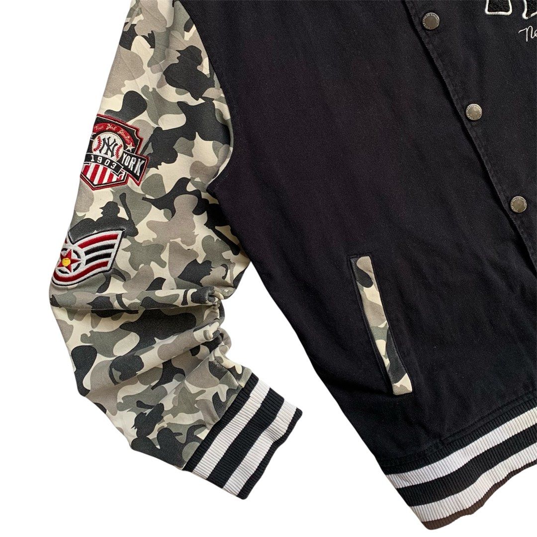 MLB New York Yankees Multi Patch Camo Sleeve Varsity Jacket (Category: Coats, Jackets and Outerwear) located in Sindangan. Submitted by holy_thrift (Listing ID 1470664492, Image 3). Description: - MLB New York Yankees Multi Patch Camo Sleeve Varsity Jacket - width / 22.5 - length / 26.5 - issue / nasa last pic is may stain sya sa camou at sa gilid ng patch na yan is may white na ganyan, yan lang naman overall okay lahat yang sa 4rth pic is ribbin
