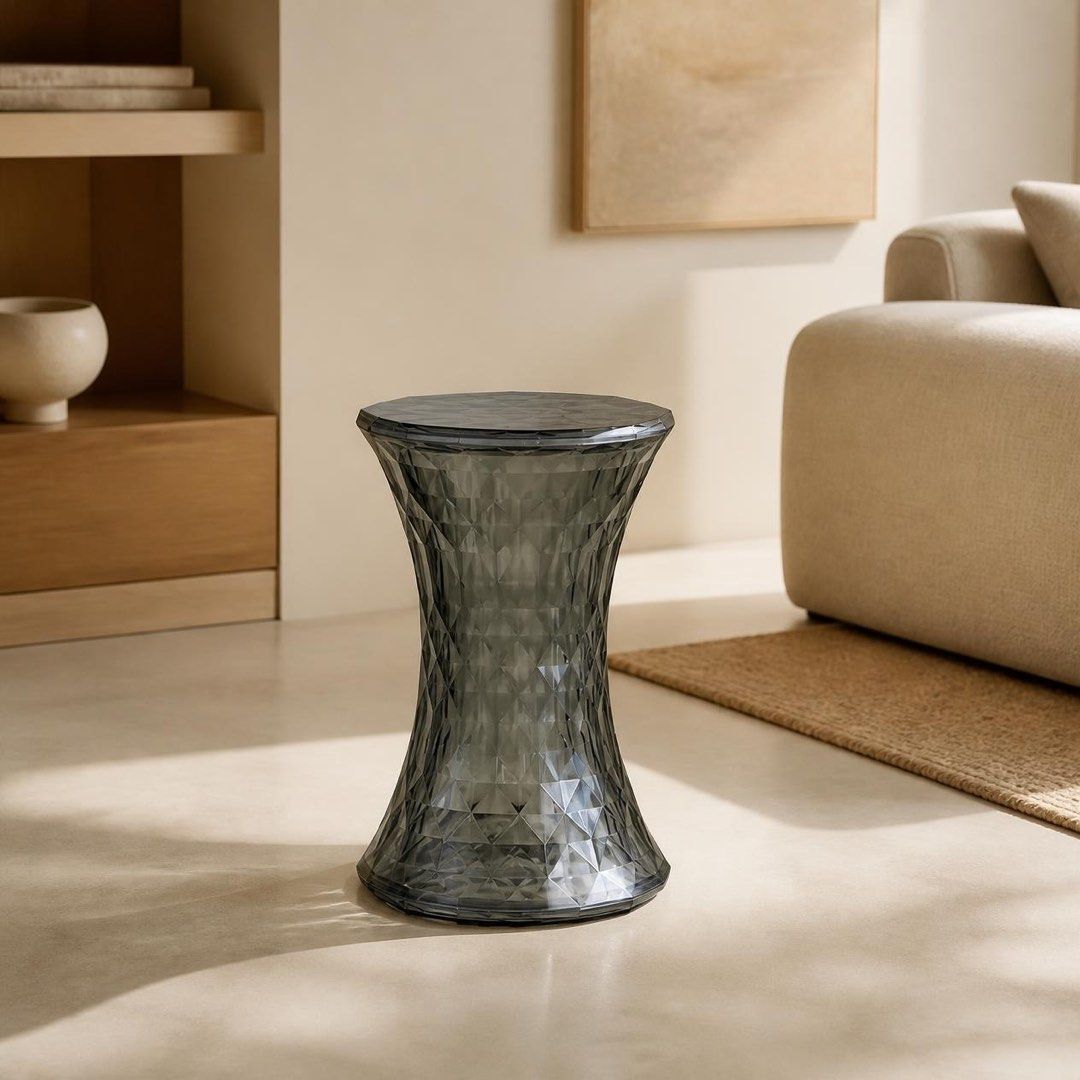 Modern Acrylic Faceted Geometric Stool Side Table (Category: Chairs) located in Pasig City. Submitted by jk_rldn (Listing ID 1470562277, Image 2). Description: - Material: Translucent acrylic with a modern faceted diamond design - Shape: Stylish hourglass with a flat circular top - Versatile Use: Works perfectly as a side table or stool next to your sofa or armchair - Build: Sturdy, durable construction - Colors Available: Vibrant blue and smoky 