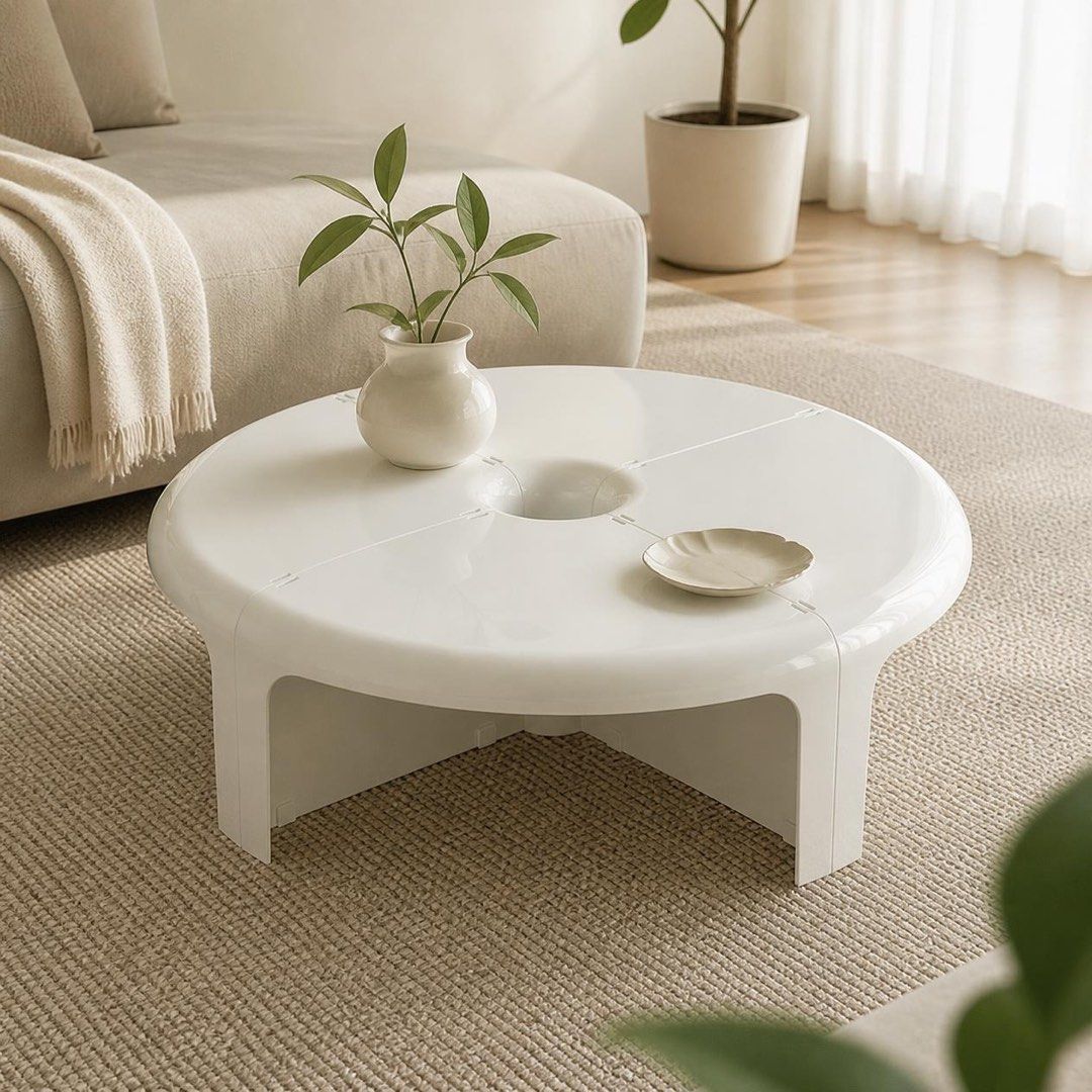 Modern Round Modular Coffee Table (Category: Tables & Sets) located in Pasig City. Submitted by jk_rldn (Listing ID 1470561513, Image 3). Description: - 4-piece modular design: clicks together securely in the center - Stylish material: glossy molded plastic/acrylic with a trendy central cutout hole - Low-profile height: sits perfectly on living room rugs - Low maintenance: smooth surface wipes clean easily - Available in yellow, red, and white.