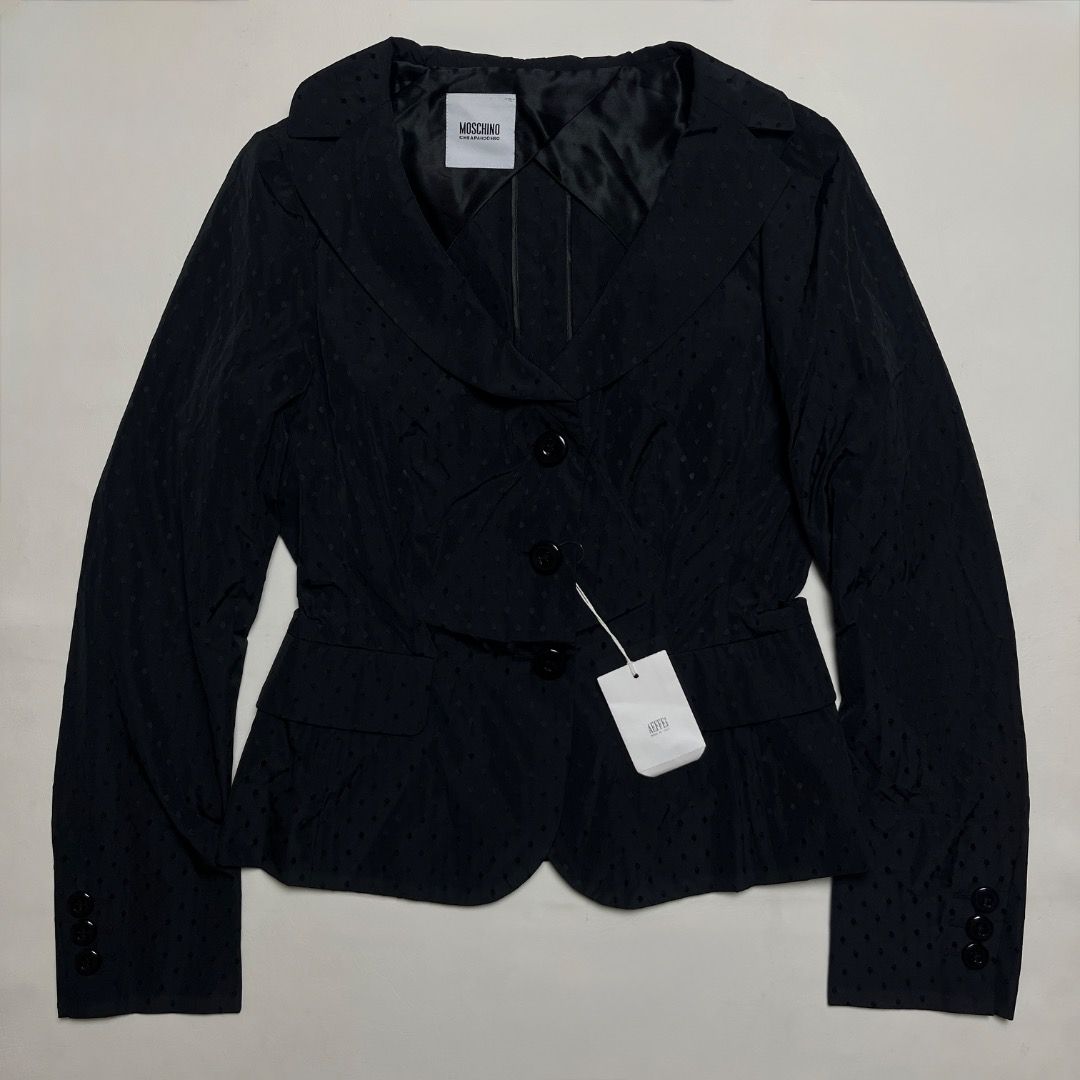 Moschino Cheapandchic Black Polka Dot Blazer Jacket (Category: Coats, Jackets and Outerwear) located in Caloocan City. Submitted by achilles_grails (Listing ID 1470603241, Image 1). Description: - Brand: Moschino Cheapandchic - Color: Classic black with subtle woven polka dot pattern - Closure: Three-button front with matching cuff buttons - Fit: Tailored cut with front pocket flaps - Material: 100% polyester with clean inner lining - Authenticit