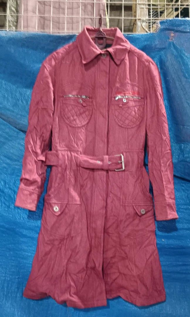 Moschino Jeans Red Long Coat Trench Jacket Size 42 (Category: Coats, Jackets and Outerwear) located in Manila. Submitted by borbone13335092 (Listing ID 1470560521, Image 1). Description: - Brand: Moschino Jeans - Style: Long coat with button front closure and matching fabric belt with buckle - Color: Dark red / pink with dark inner lining - Size: 42 IT / 8 USA - Material: Premium wool blend (58% virgin wool, 30% viscose, 6% nylon, 4% mohair, 2% e