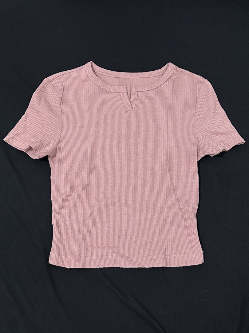 MOTF Pink Ribbed Tee (Category: Shirts) located in Las Pinas. Submitted by __aqdclttrs (Listing ID 1470619152, Image 1). Description: - Brand: MOTF - Color: Dusty pink - Size: XS - Style: Slim fit ribbed knit top with short sleeves and notched neckline - Material: 92% polyester, 8% elastane (super stretchy) - Condition: Great for pairing with high-waisted jeans.