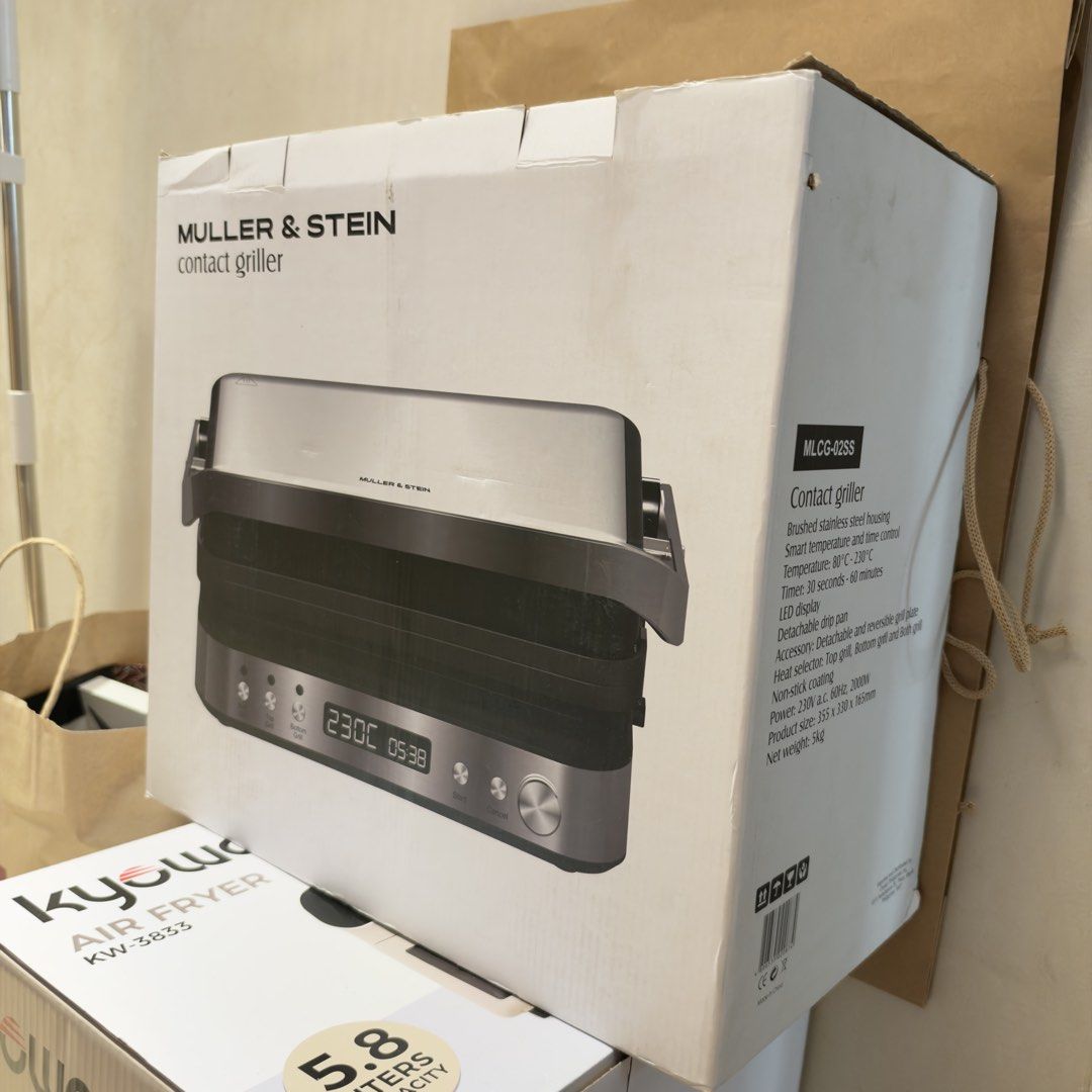 Muller & Stein Contact Griller MLCG-02SS (Category: Cookware & Accessories) located in Manila. Submitted by gentlewind_62f064 (Listing ID 1470662248, Image 1). Description: - Brand: Muller & Stein Contact Griller (Model: MLCG-02SS) - Condition: Brand new, still in original box packaging - Power: 2000W for fast heating and cooking - Housing: Premium brushed stainless steel finish - Controls: Smart temperature (80°C to 230°C) and time control with 