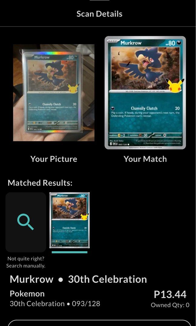 Murkrow Pokemon 30th Card (Category: Raw Singles) located in Quezon City. Submitted by bananak1tchen (Listing ID 1470673207, Image 2). Description: RFS: Decluttering MOP: Bank Transfer MOD: J&T/SDD.