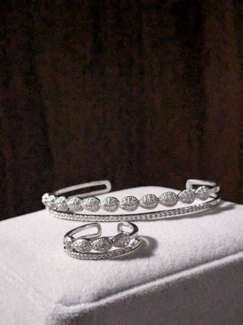 Musinsa White Crystal Rhinestone Open Cuff Bangle and Ring (Category: Bracelets) located in Quezon City. Submitted by nnncorner (Listing ID 1470663993, Image 1). Description: Musinsa White Crystal Rhinestone Open Cuff Bangle Bracelet and Ring Set Worn to show only Never been used Made in Korea Hypoallergenic Non tarnished Perfect for events Bangle fits 15-20 cm (can be adjusted) Ring fits 6-8 (can be adjusted) Complete Crystals With box Sold as s