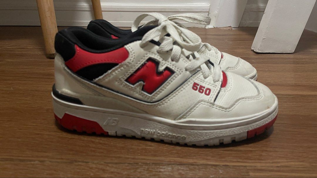 New Balance 550 White Red Black (Category: Sneakers) located in Minglanilla. Submitted by dinofoodies (Listing ID 1470694730, Image 1). Description: - Brand/Model: New Balance 550 - Colorway: White, Red, and Black - Size: US 4 / UK 3.5 / EU 36 - Design: Classic retro court style with perforated leather upper and signature 'N' branding - Condition: Worn a few times with normal signs of wear on soles and midsoles.