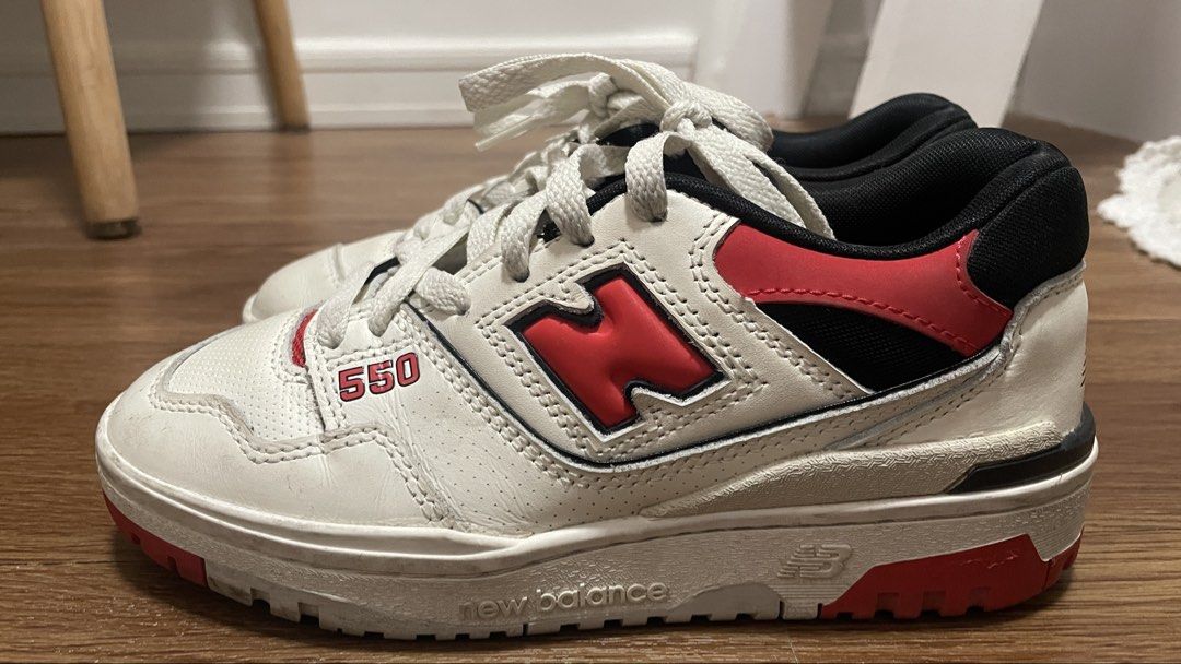 New Balance 550 White Red Black (Category: Sneakers) located in Minglanilla. Submitted by dinofoodies (Listing ID 1470694730, Image 2). Description: - Brand/Model: New Balance 550 - Colorway: White, Red, and Black - Size: US 4 / UK 3.5 / EU 36 - Design: Classic retro court style with perforated leather upper and signature 'N' branding - Condition: Worn a few times with normal signs of wear on soles and midsoles.