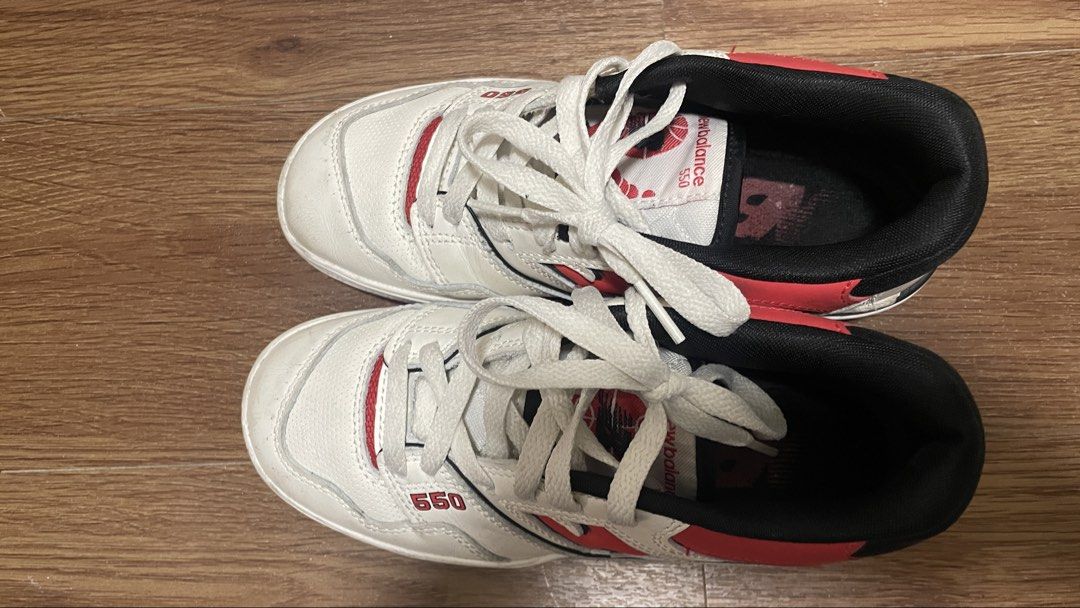 New Balance 550 White Red Black (Category: Sneakers) located in Minglanilla. Submitted by dinofoodies (Listing ID 1470694730, Image 3). Description: - Brand/Model: New Balance 550 - Colorway: White, Red, and Black - Size: US 4 / UK 3.5 / EU 36 - Design: Classic retro court style with perforated leather upper and signature 'N' branding - Condition: Worn a few times with normal signs of wear on soles and midsoles.