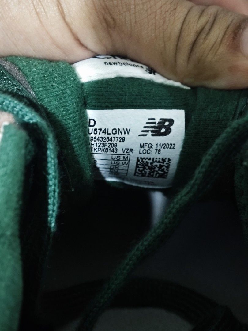 New Balance 574 Legacy Green White Gray (Category: Sneakers) located in Manila. Submitted by fdrakearon89191 (Listing ID 1470681849, Image 3). Description: - Model: New Balance 574 Legacy (U574LGNW) - Colorway: Green, White, and Gray - Production Date: November 2022 - Materials: Premium suede and mesh upper with signature N logo - Sole: Chunky cream/gray ENCAP midsole and grippy rubber outsole - Condition: Clean soles with minimal signs of wear, 