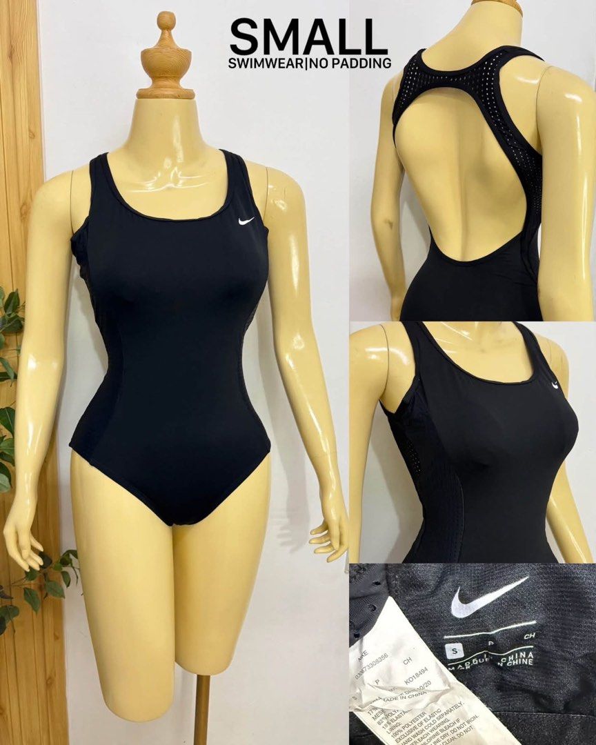 Nike Black One Piece Swimwear Size Small No Padding (Category: Bikinis & Swimsuits) located in Tagum. Submitted by bernardino49694 (Listing ID 1470588459, Image 1). Description: - Brand: Nike - Color: Classic black with white swoosh logo - Size: Small - Design: Scoop neckline, unpadded cups, racerback with breathable perforated mesh on straps and side panels - Back: Trendy open back cutout - Origin: Made in China (care tag attached).