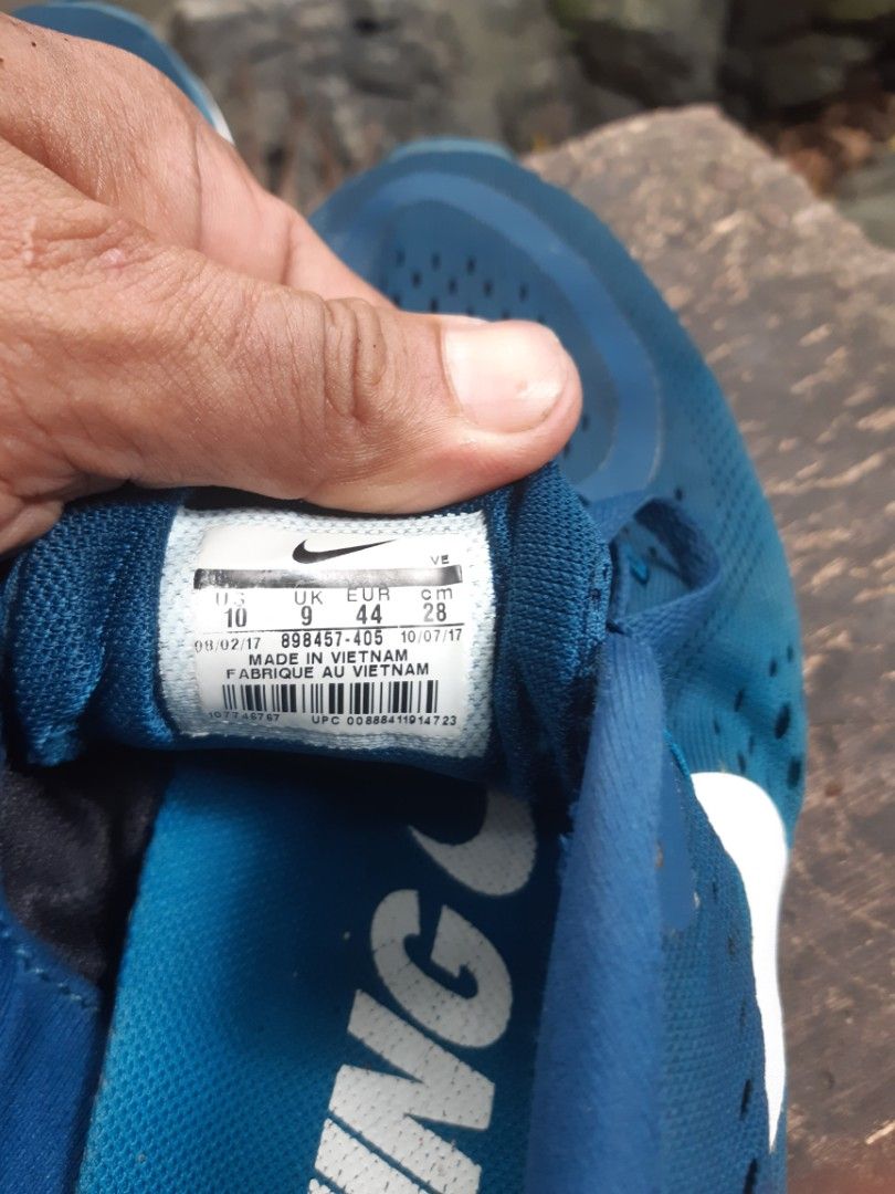 Nike Blue Running Shoes Size US 10 (Category: Sneakers) located in Manila. Submitted by mackimperi69173 (Listing ID 1470573058, Image 3). Description: - Brand/Model: Nike running shoes - Color: Blue with white swoosh and soles - Size: Men's US 10 / UK 9 / EUR 44 - Material: Breathable mesh upper with rubber outsoles featuring a triangle pattern - Features: Lightweight build, great grip, ideal for daily workouts or casual runs.