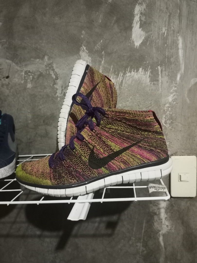 Nike Free Flyknit Chukka Multicolor (Category: Sneakers) located in Mabalacat. Submitted by hasashoe (Listing ID 1470562996, Image 1). Description: - Brand/Model: Nike Free Flyknit Chukka (Multicolor) - Style Code: 639700-501 (2014 release) - Size: US 9 / UK 8 / EUR 42.5 / CM 27 - Details: Vibrant multicolor knit upper, purple laces, and white/black Free sole - Condition: Lightweight and comfortable, with minor dirt on outsoles from previous wear