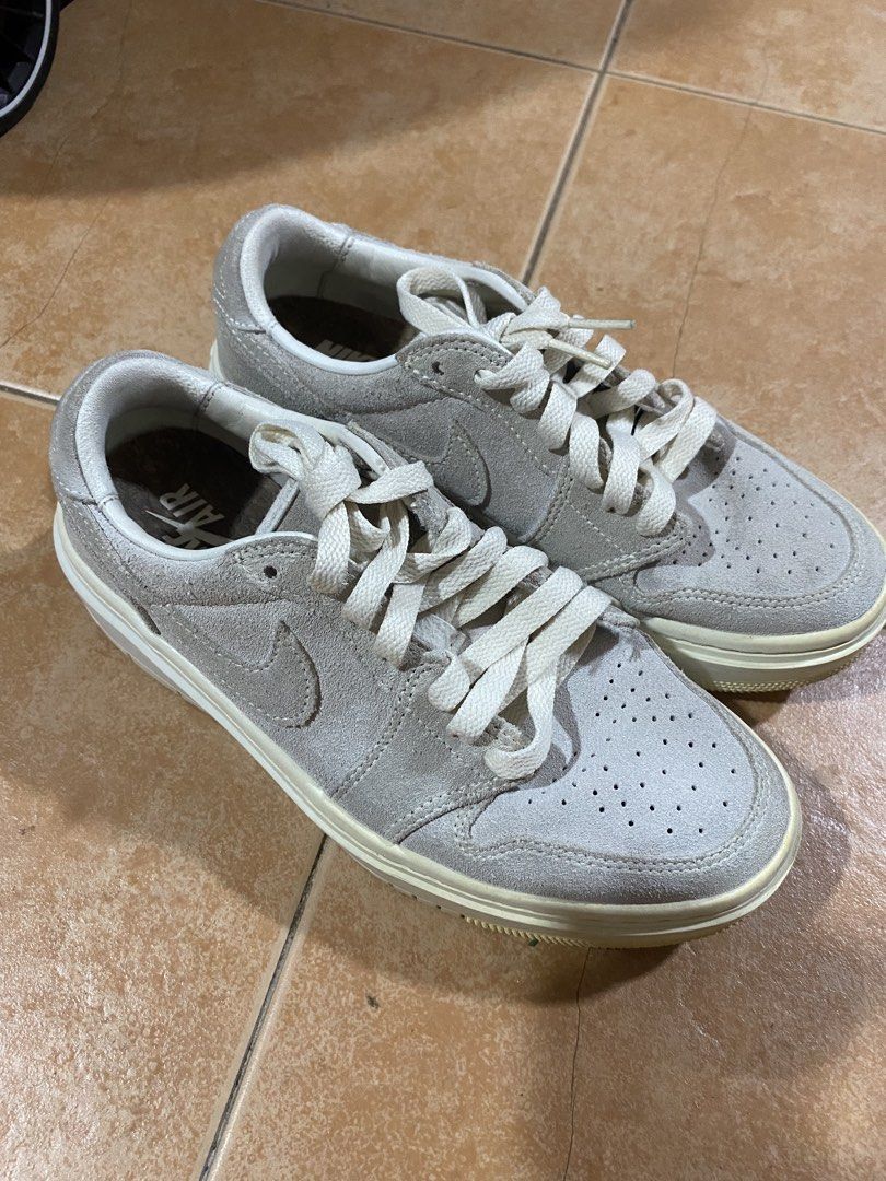 Nike Jordan 1 Elevate Low Grey Suede (Category: Sneakers) located in Taguig. Submitted by mumpreloveddd (Listing ID 1470619870, Image 1). Description: Jordan 1 Elevate Low sneakers in grey suede. Chunky platform sole with off-white tones. Cork insoles inside. Size US 6, UK 3.5, EUR 36.5. Clean uppers, slight yellowing on the midsoles from regular wear. Solid everyday rotation pair..