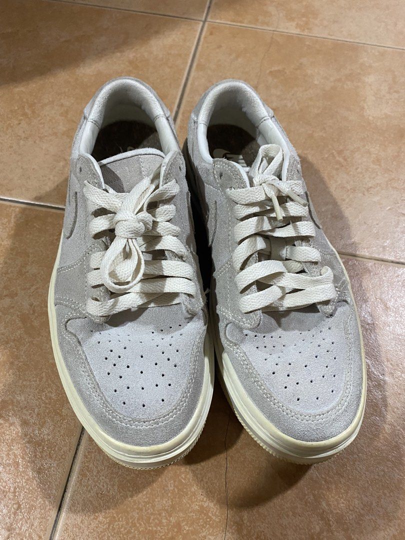 Nike Jordan 1 Elevate Low Grey Suede (Category: Sneakers) located in Taguig. Submitted by mumpreloveddd (Listing ID 1470619870, Image 3). Description: Jordan 1 Elevate Low sneakers in grey suede. Chunky platform sole with off-white tones. Cork insoles inside. Size US 6, UK 3.5, EUR 36.5. Clean uppers, slight yellowing on the midsoles from regular wear. Solid everyday rotation pair..