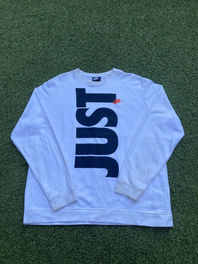 Nike JUST DO IT. Longsleeve white (Category: Hoodies) located in Caloocan City. Submitted by walkthrift.manila.co (Listing ID 1470703671, Image 2). Description: Authentic. XL ON TAG. Dimes:26x28 No issue .