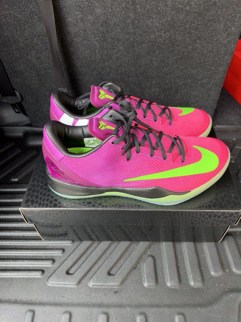 Nike Kobe 8 Mambacurial (Category: Sneakers) located in Caloocan City. Submitted by luckydeer_4f53ea (Listing ID 1470595939, Image 2). Description: - Model: Nike Kobe 8 Protro "Mambacurial" - Condition: Brand new, never worn, pristine condition - Design: Pink engineered mesh upper, bright green Swoosh, purple accents, black laces, and translucent outsole - Packaging: Includes original black snake-scale patterned box - Authenticity: 100% authentic