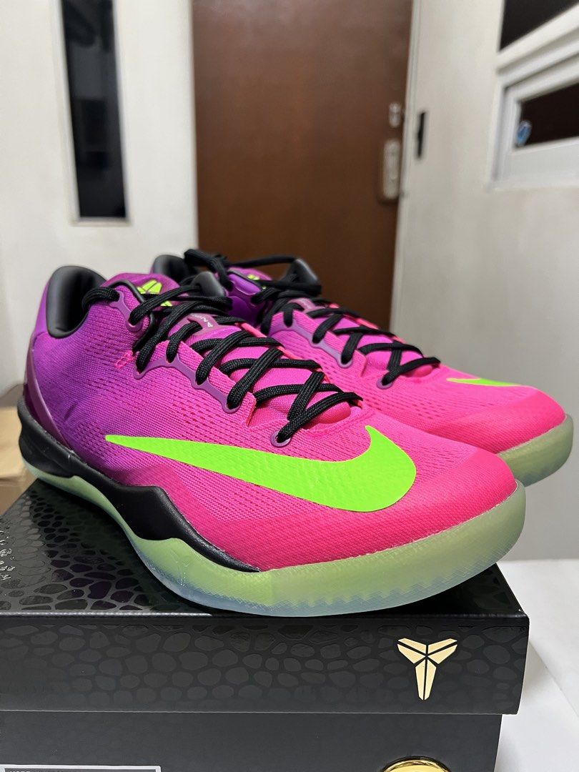 Nike Kobe 8 Protro “Mambacurial” (Category: Sneakers) located in Meycauayan. Submitted by 3fold (Listing ID 1470641913, Image 1). Description: - Colorway: Vibrant pink and purple gradient upper with neon green swoosh - Outsoles: Translucent glowing outsoles with zero dirt or scuffs - Details: Clean black laces, signature Kobe sheath logo on tongue and heel plate - Condition: Pristine, ready to wear or display - Packaging: Includes original black 