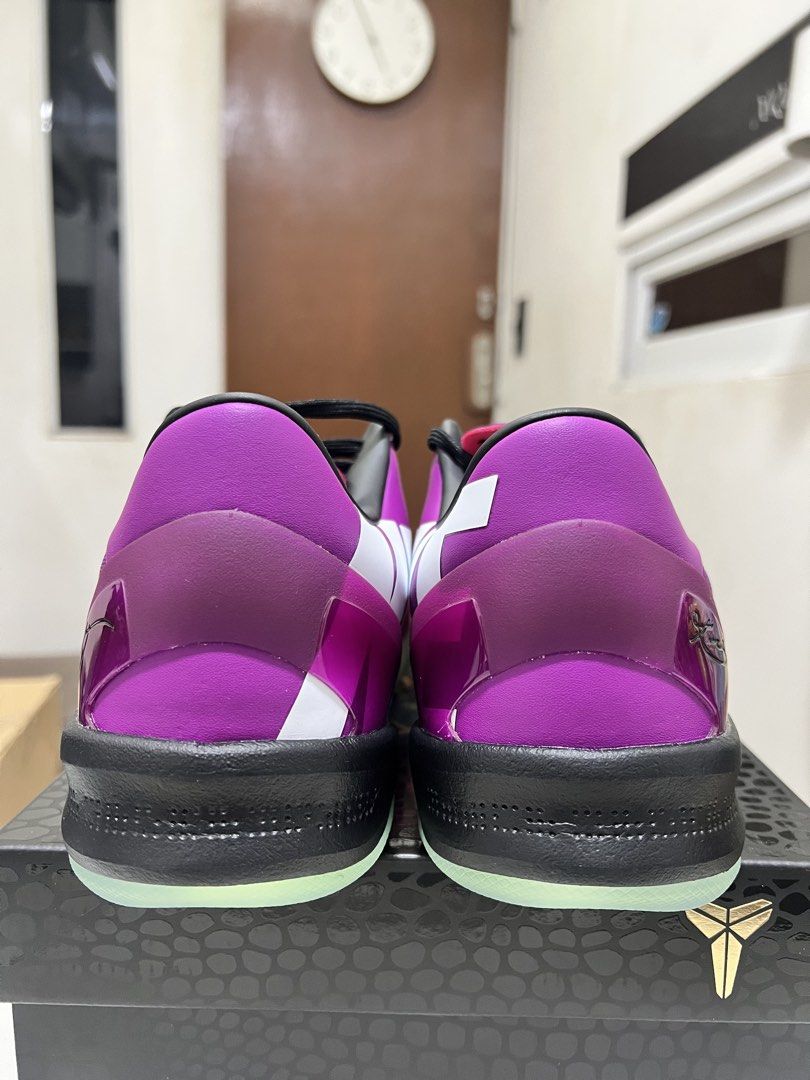Nike Kobe 8 Protro “Mambacurial” (Category: Sneakers) located in Meycauayan. Submitted by 3fold (Listing ID 1470641913, Image 3). Description: - Colorway: Vibrant pink and purple gradient upper with neon green swoosh - Outsoles: Translucent glowing outsoles with zero dirt or scuffs - Details: Clean black laces, signature Kobe sheath logo on tongue and heel plate - Condition: Pristine, ready to wear or display - Packaging: Includes original black 