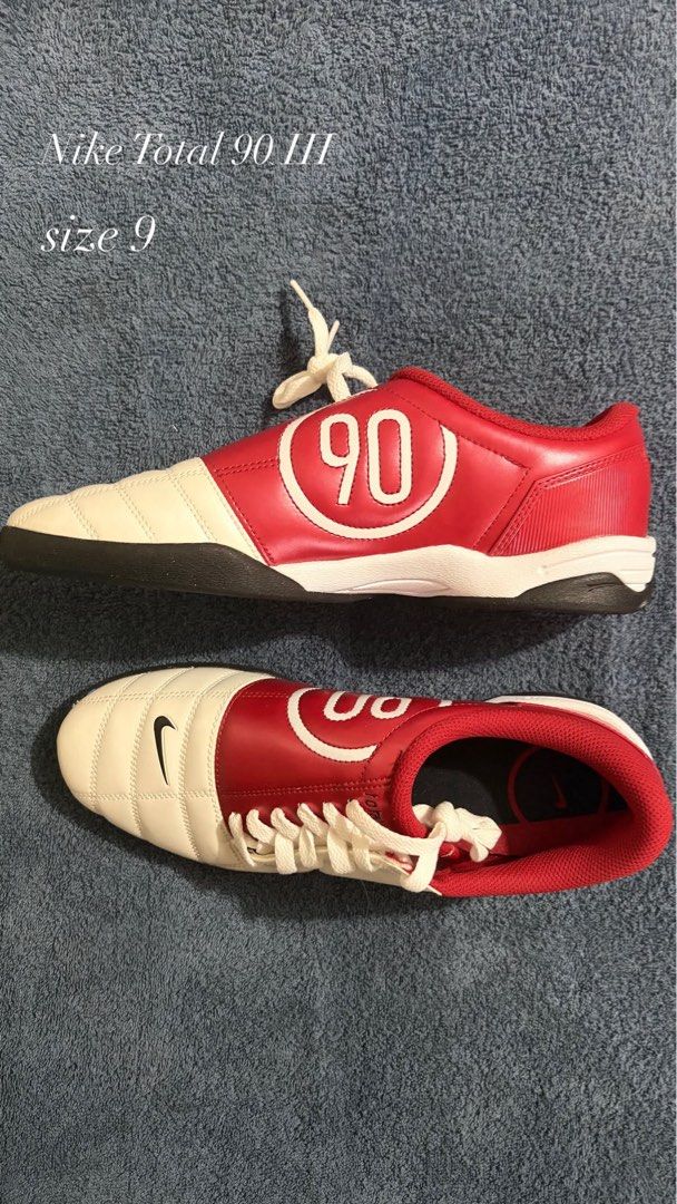 Nike Total 90 III Size 9 Red White (Category: Sneakers) located in Manila. Submitted by infectiouslyy (Listing ID 1470641106, Image 1). Description: - Brand: Nike - Model: Total 90 III - Colorway: Red and White with black Swoosh - Size: US 9 - Design: Iconic '90' side panel graphic and matching red interior lining - Sole: Flat rubber outsole ideal for indoor turf or casual street wear - Condition: Clean uppers with vibrant color blocking.