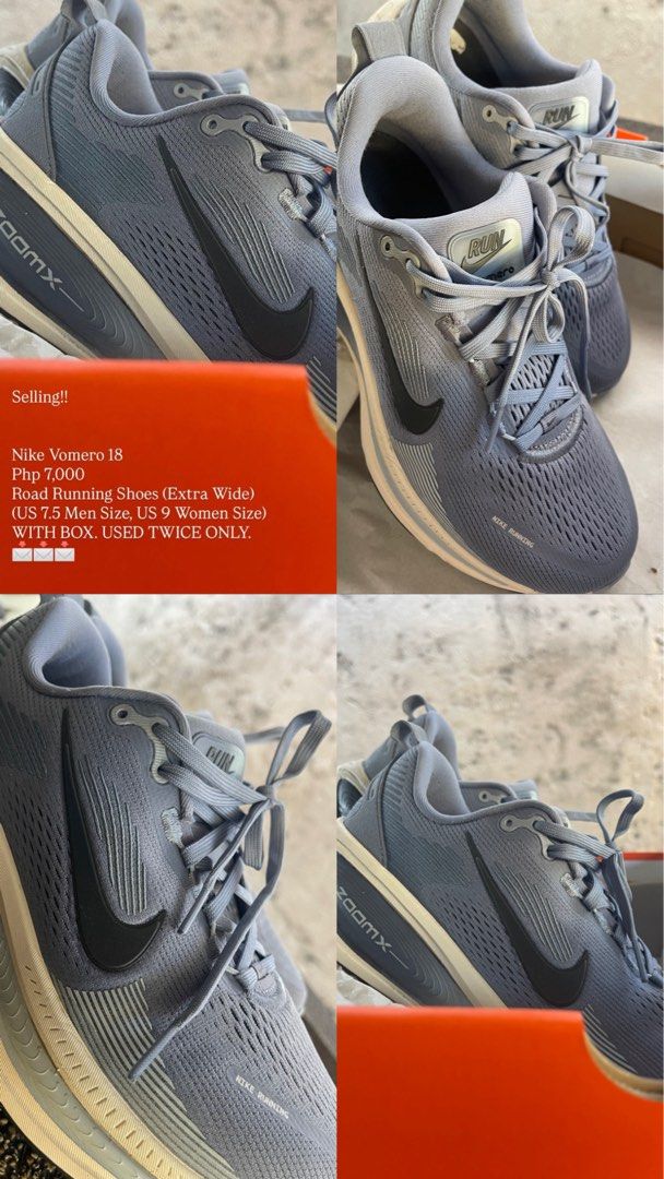 Nike Vomero 18 Running Shoes (Category: Sneakers) located in Mandaluyong City. Submitted by angelaz95 (Listing ID 1470686573, Image 2). Description: - Brand: Nike Vomero 18 - Color: Grey with Black Swoosh - Size: US 7.5 Men / US 9 Women (Extra Wide fit) - Condition: Barely worn, used only twice (Like new) - Features: Premium ZoomX foam cushioning and breathable mesh upper - Inclusions: Comes with original box.