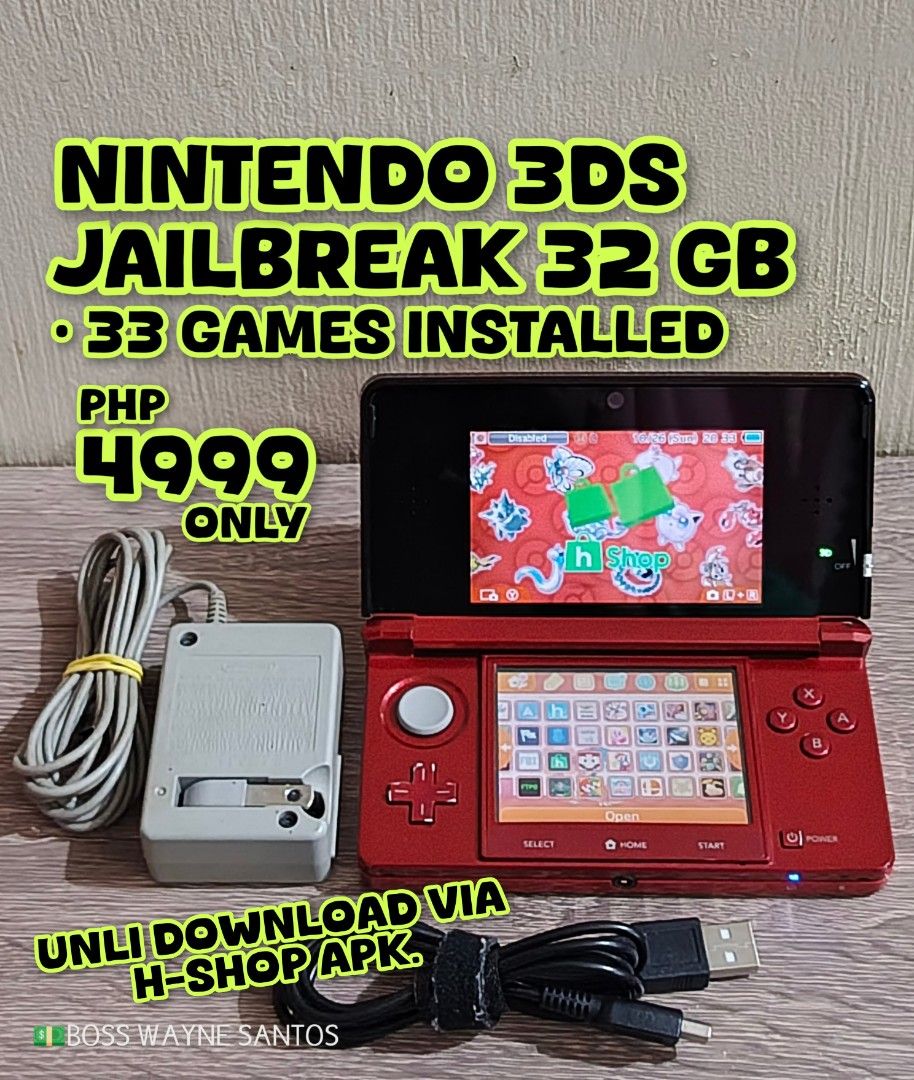 Nintendo 3DS Jailbreak 32GB 33 Games Installed (Category: Nintendo) located in Marikina City. Submitted by waynewayne2 (Listing ID 1470678212, Image 1). Description: FOR SALE OR TRADE +cash Pampanga meetup Jnt, lbc or lalamove sa malayo 09760568942 NINTENDO 3DS JB -Jailbreak 32gb full of games -33 games installed -UNLI DOWNLOAD via h-shop apk -In very good condition -all buttons, volume, screen & 3d effect are working -w/its stylus & orig charger