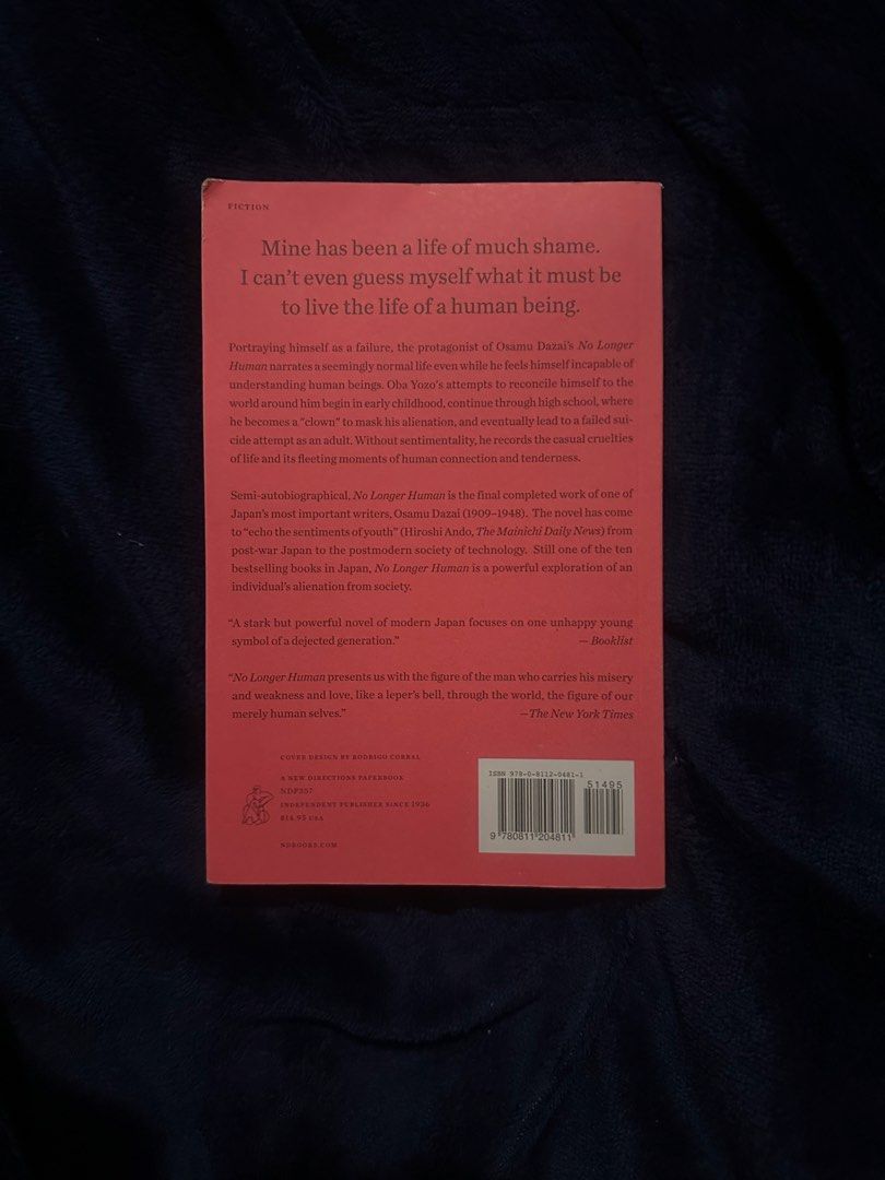 No Longer Human by Osamu Dazai (Category: Storybooks) located in Caloocan City. Submitted by heraki (Listing ID 1470722060, Image 3). Description: bought in fully booked issue: coffee stain on the edge of the book and slight folds rfs:need funds mod: jnt or lalamove mop: gcash dm for more inquiries :).