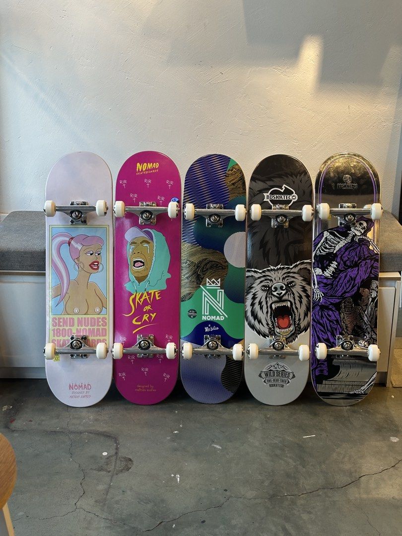 Nomad and BD Skateco Complete Skateboards Assorted Designs (Category: Skates, Rollerblades & Scooters) located in Angeles City. Submitted by dhanlumanas (Listing ID 1470568289, Image 1). Description: - Complete skateboards, ready to skate straight out of the box - Fully set up with grip tape, trucks, and white wheels - 5 unique deck graphics to choose from: pin-up art, crying character, abstract patterns, wild bear, and skeleton reaper.