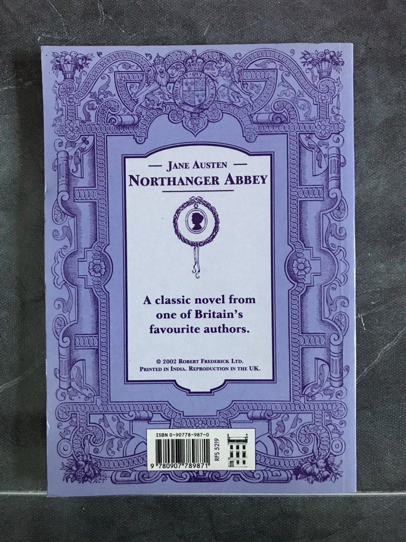 Northanger Abbey by Jane Austen (Category: Storybooks) located in Pilar. Submitted by dhelsomera20308 (Listing ID 1470659423, Image 3). Description: - Title: Northanger Abbey by Jane Austen - Publisher & Year: Robert Frederick, 2002 - Edition: Standard paperback, printed in India - Design: Stunning purple ornamental cover with portrait cameo on front and back.