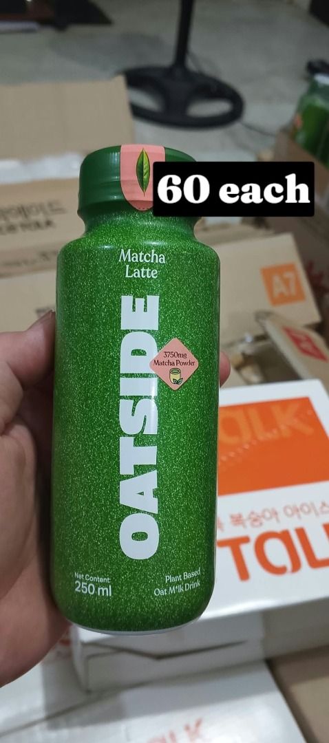 Oatside Matcha Latte 250ml (Category: Beverages) located in Marilao. Submitted by cris_tina07 (Listing ID 1470610648, Image 2). Description: - Brand/Flavor: Oatside Matcha Latte Oat Milk - Size: 250ml per bottle - 60 each - Diet: 100% plant-based - Condition: Brand new and fresh stock.