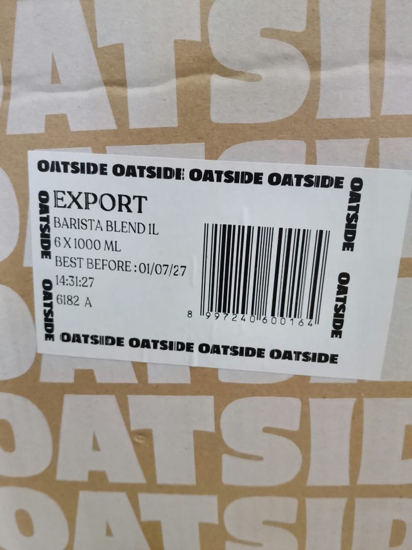 OATSIDE MILK BARISTA BLEND (Category: Beverages) located in Marilao. Submitted by cris_tina07 (Listing ID 1470607771, Image 2). Description: - Brand: OATSIDE - Variant: Barista Blend Oat Milk - Quantity: 1 box (6 packs x 1000ml / 1L) - Condition: Brand new, factory sealed - Ideal for coffee pairing, latte art, and daily dairy-free consumption.