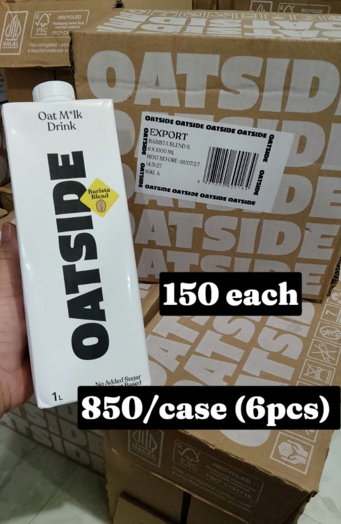 OATSIDE MILK BARISTA BLEND (Category: Beverages) located in Marilao. Submitted by cris_tina07 (Listing ID 1470607771, Image 1). Description: - Brand: OATSIDE - Variant: Barista Blend Oat Milk - Quantity: 1 box (6 packs x 1000ml / 1L) - Condition: Brand new, factory sealed - Ideal for coffee pairing, latte art, and daily dairy-free consumption.