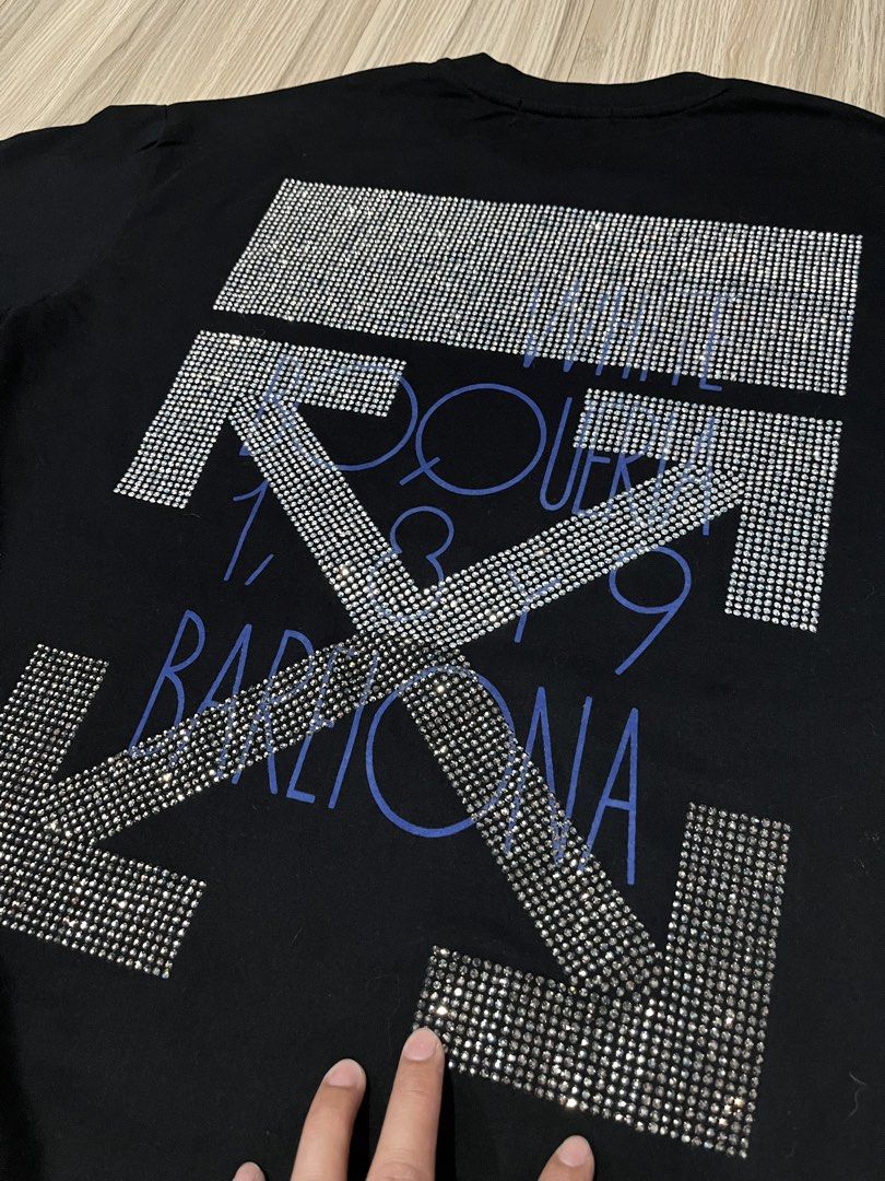 Off White rhinestones tees (Category: Tshirts & Polo Shirts ) located in Lipa City. Submitted by hoywilliam (Listing ID 1470705195, Image 2). Description: Off White rhinestone tees(Large fits) fake only goods for psg pamporma Width-22 Length-28 Bids likod or rhinestone design 10/10 color rate for only 450 free shipped Location-Lipa City Batangas📍 .